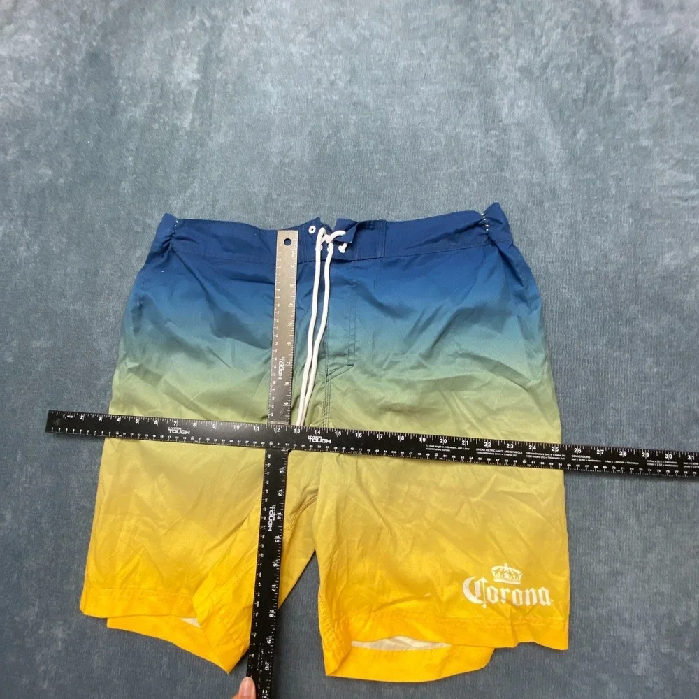 Corona Board Shorts Mens Large Blue Yellow Ombre Fade Mesh Lined Mid Rise Beach